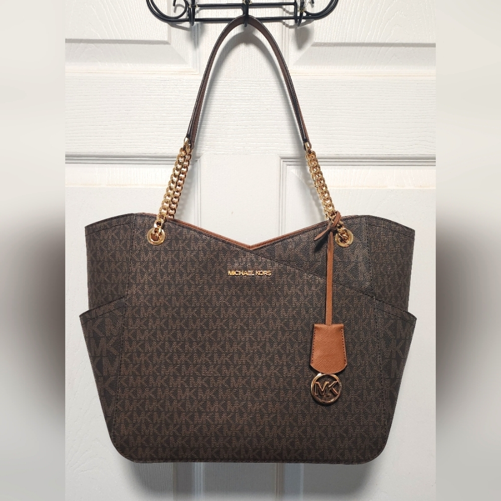 Michael Kors Dark Brown Signature Coated Canvas Large Jet Set Travel Tote